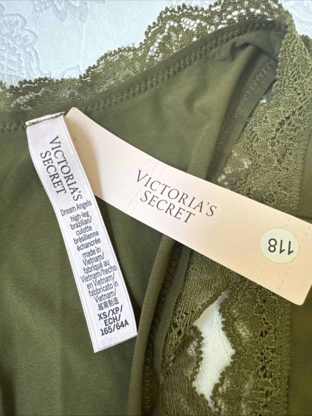 VICTORIA'S SECRET XS GREEN SILKY DREAM ANGELS LACE HI LEG BRAZILIAN PANTIES NWT - Picture 5 of 8